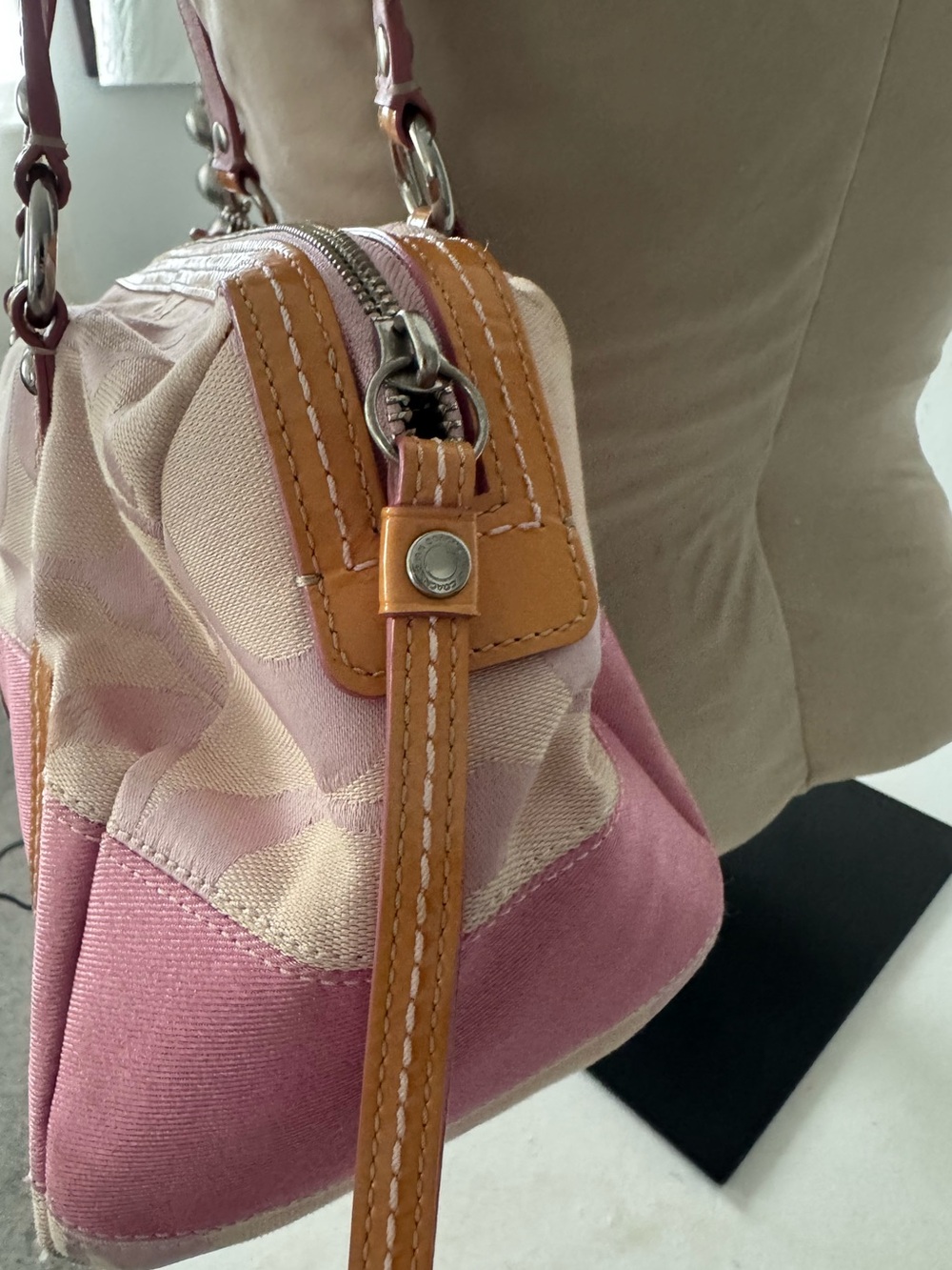 Coach Signature Stripe Boston Satchel Pink Canvas Duffle Y2K Bag F13551 - Picture 9 of 14